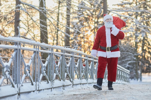 Full length portrait of traditional santa claus carrying sack with presents and walking towards came