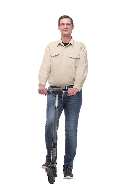 Full length portrait of an young man riding a scooter