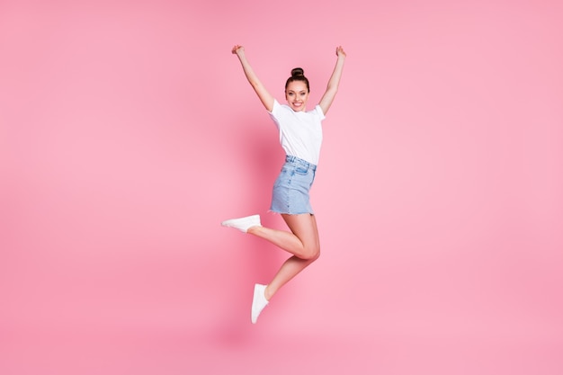 Full length profile photo of cute funky lady summer weekend good mood jump high up flight