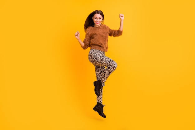 Full length profile photo of funky lady jumping up high