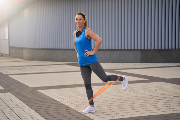 Full length shot of sporty woman in sportswear stretching her legs using resistance band while