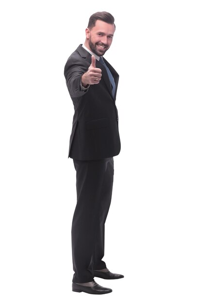 Full length successful businessman showing thumbs up