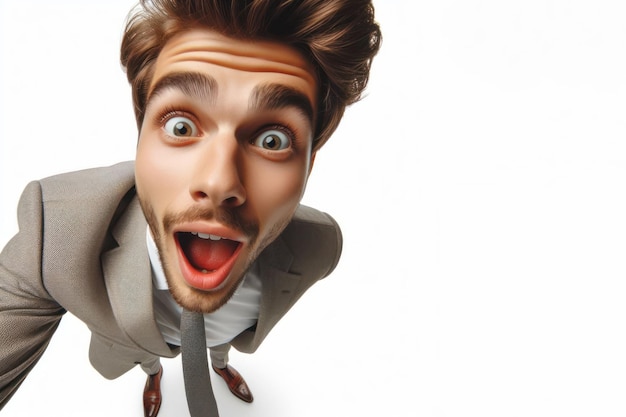 full length wide angle shot of a man with a surprised isolated on a white background