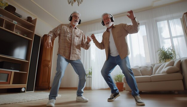 Photo full length of young guy with senior dad in wireless headphones listening music and dancing in livi