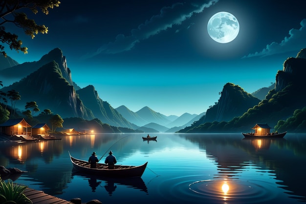 The full moon accompanies the fishermen