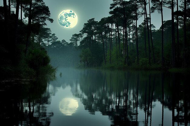 Full moon casting reflections on a tranquil pond or marsh