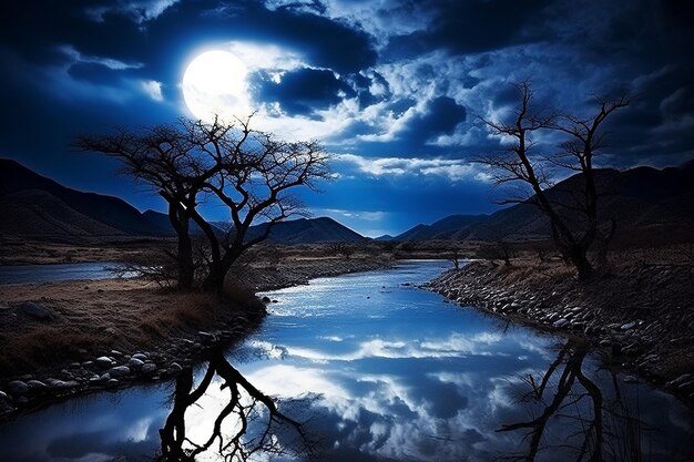 Full moon casting reflections on a winding river or stream