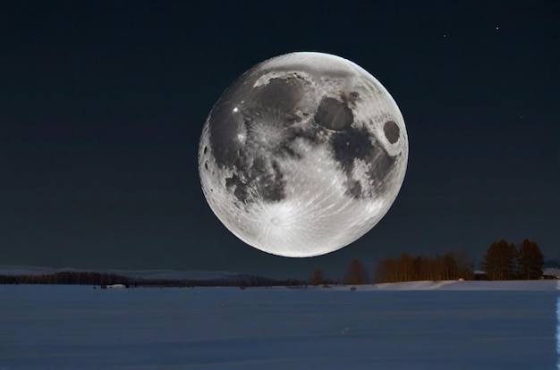 Full moon casting shadows in a snowy landscape