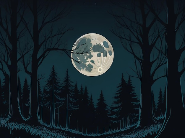 Photo full moon over dark spooky forest at night