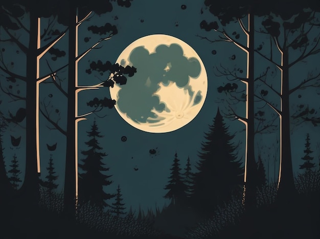 Photo full moon over dark spooky forest at night