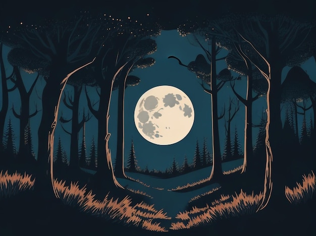 Photo full moon over dark spooky forest at night