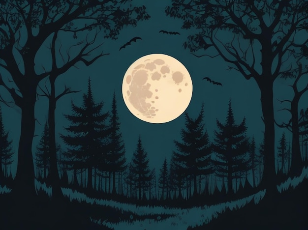 Photo full moon over dark spooky forest at night