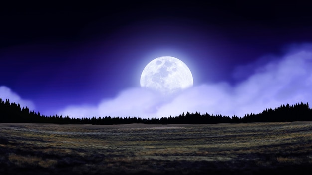 Full moon dramatic night meadow