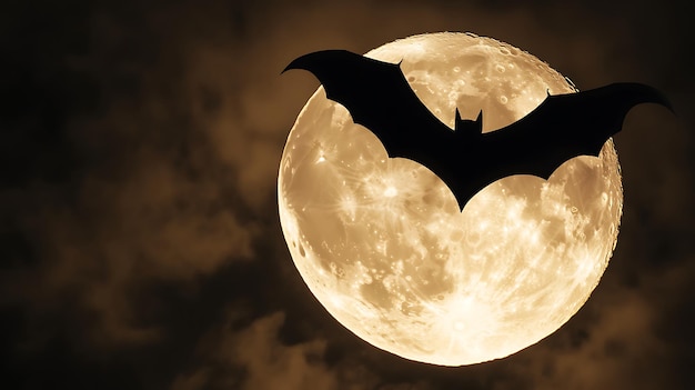 Photo full moon glowing behind a bat silhouette on a white background