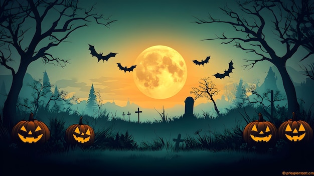 Photo full moon halloween scene a spooky background featuring pumpkins a graveyard and flying bats under a full moon with tree and grass silhouettes cartoon animation vector illustration