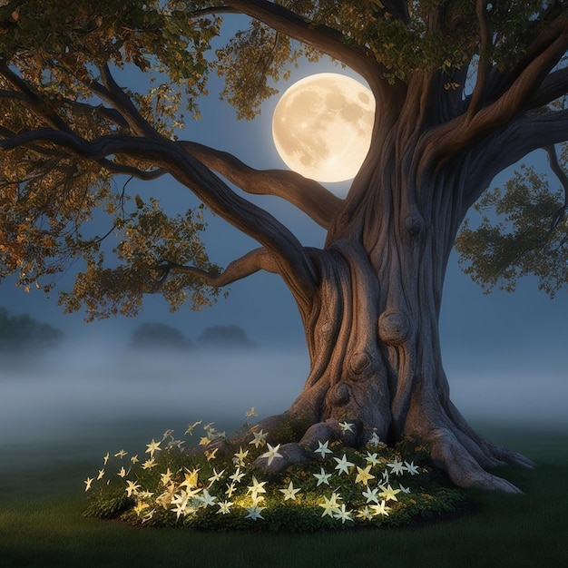 Full moon hiding behind a tree well lit leaves and flowers