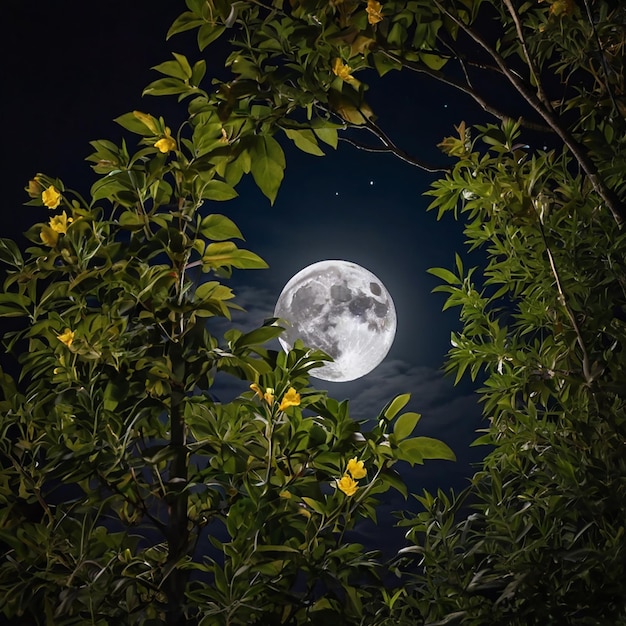 Photo full moon hiding behind a tree well lit leaves and flowers