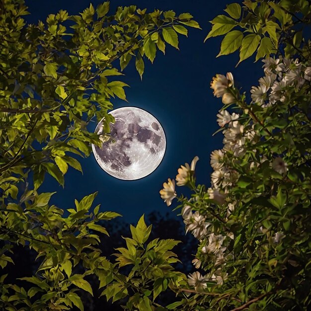 Full moon hiding behind a tree well lit leaves and flowers