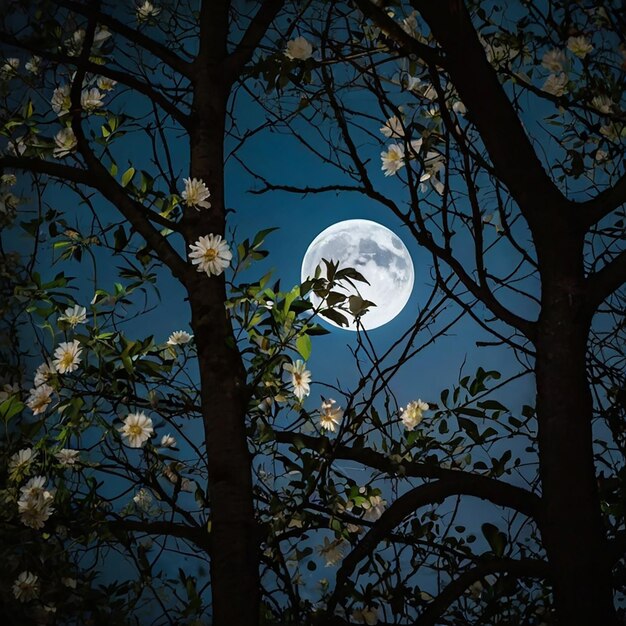 Photo full moon hiding behind a tree well lit leaves and flowers