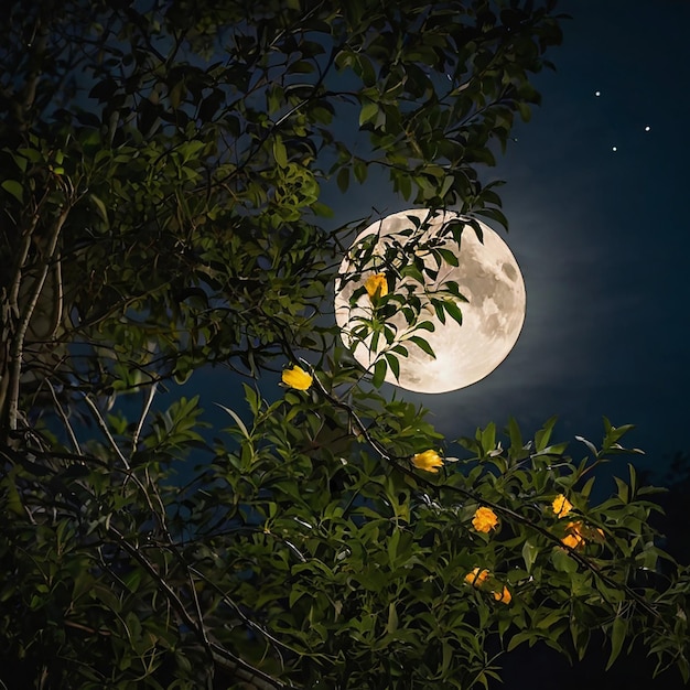 Full moon hiding behind a tree well lit leaves and flowers