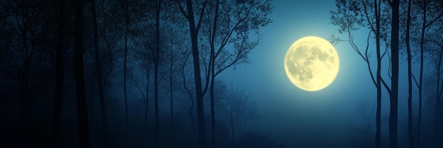 Photo a full moon illuminates a dark forest casting a soft glow on the trees the scene evokes a sen