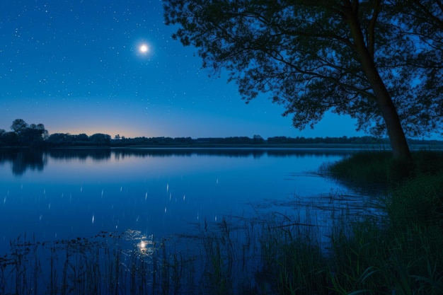 Photo full moon illuminates nighttime lake with its radiant light