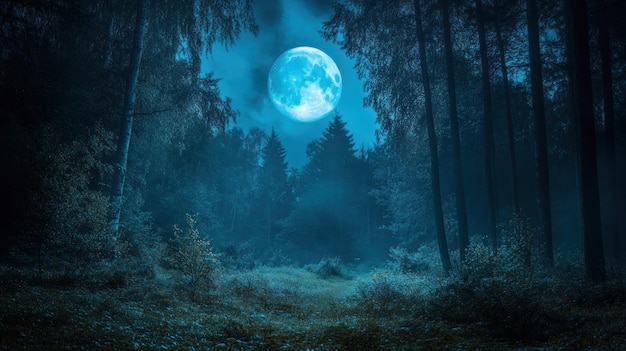 Photo full moon illuminating a dark forest at night