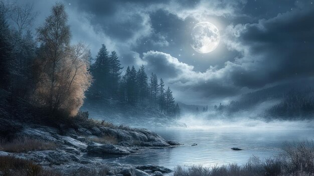 Full Moon Illuminating a Misty Lake in a Forest