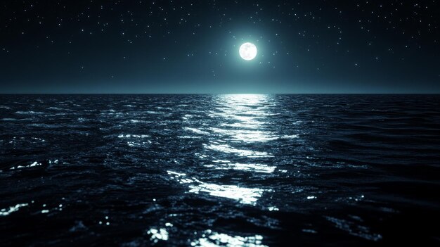 Full Moon Illuminating Rippling Ocean Waves at Night