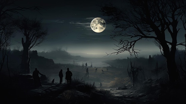 A full moon is in the background of a dark landscape.