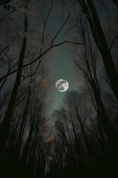 A full moon is framed in a forest.