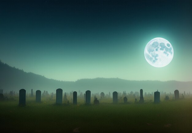 A full moon is above a graveyard with tombstones and a few tombstones.