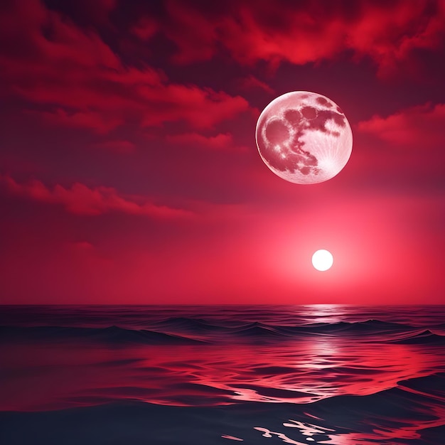 a full moon is above the ocean and the sun is setting