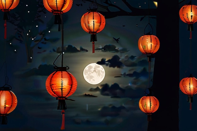 Photo a full moon is behind the red lanterns