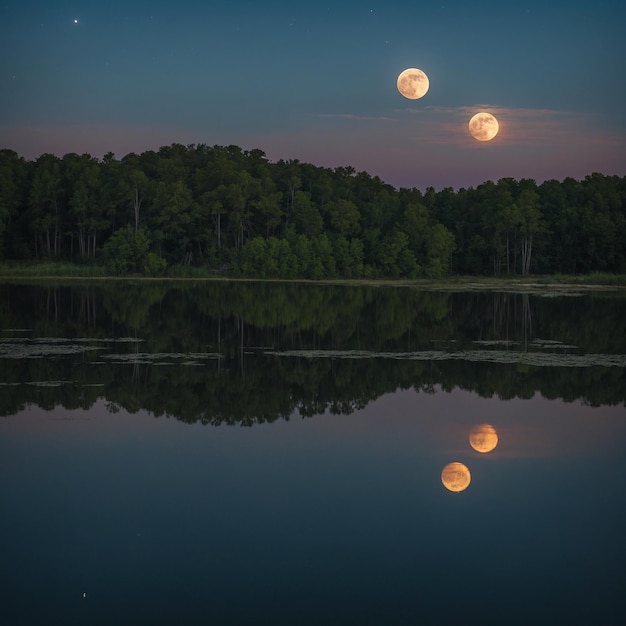 a full moon is reflected in a lake with trees in the background