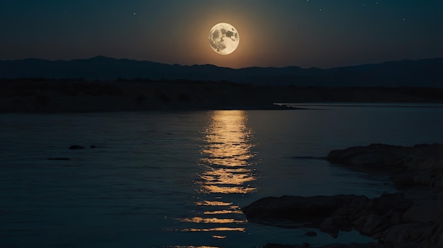 a full moon is reflected in the water at night