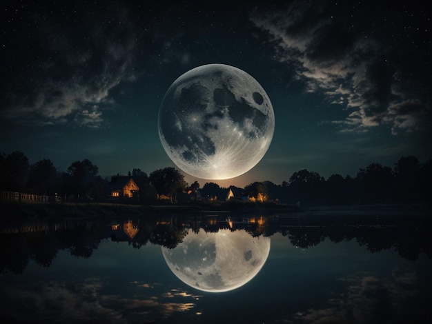 a full moon is reflected in the water with a full moon in the sky