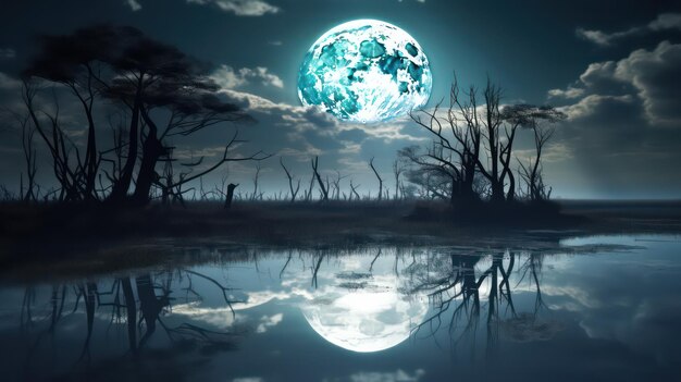 A full moon is reflected in the water.