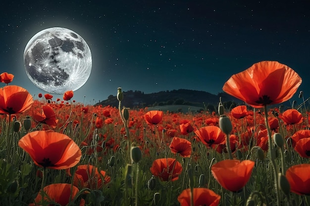 a full moon is seen behind a field of poppies