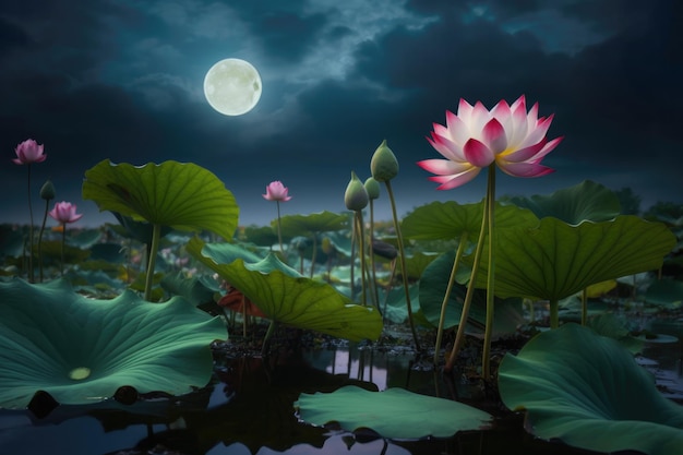 A full moon is seen behind a lotus flower.