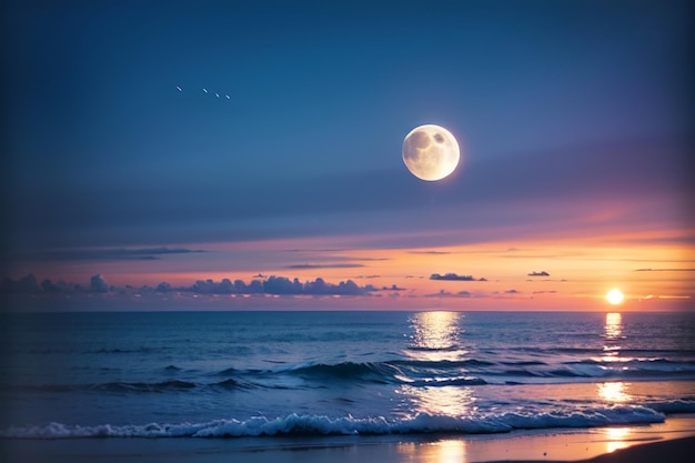 A full moon is seen over the ocean at sunset.