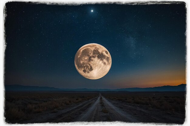 a full moon is seen in the sky above a dirt road