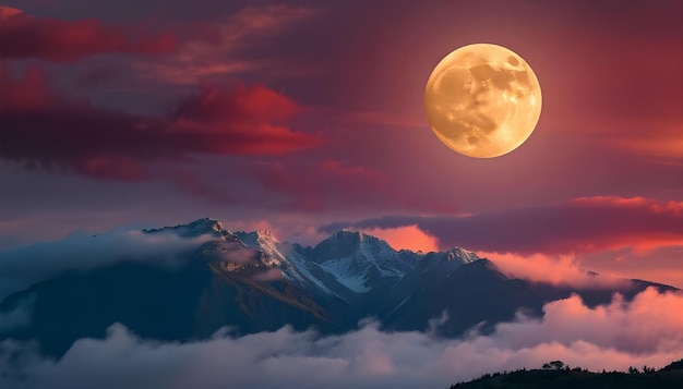 Photo a full moon is seen in the sky with clouds and mountains in the background