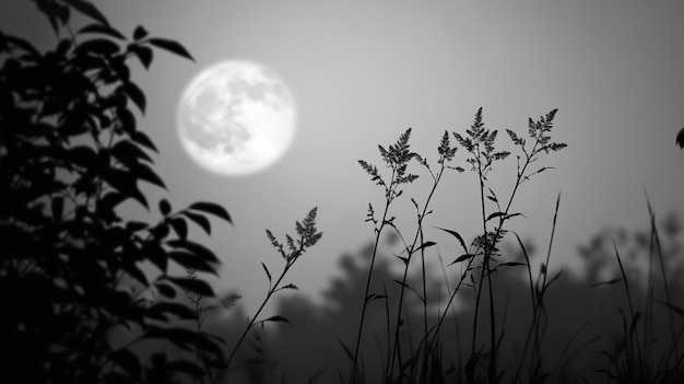 a full moon is seen through the grass