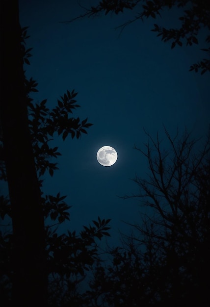 Photo a full moon is seen through the trees and the moon is visible