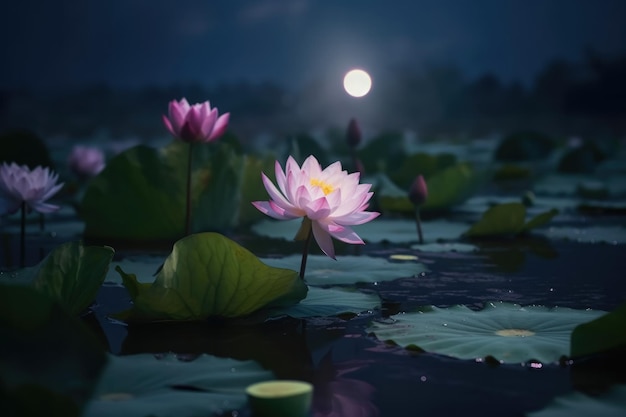 A full moon is seen behind a water lily