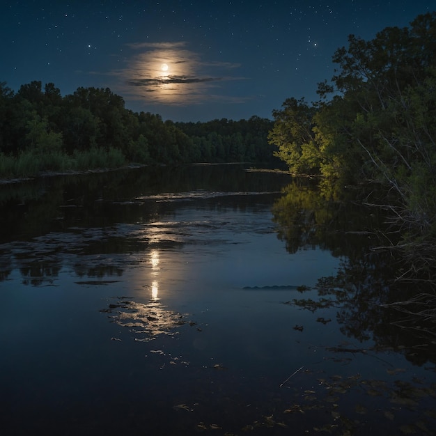 a full moon is shining on a lake at night