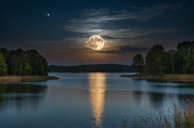 Photo a full moon is shining over a lake with a full moon in the background