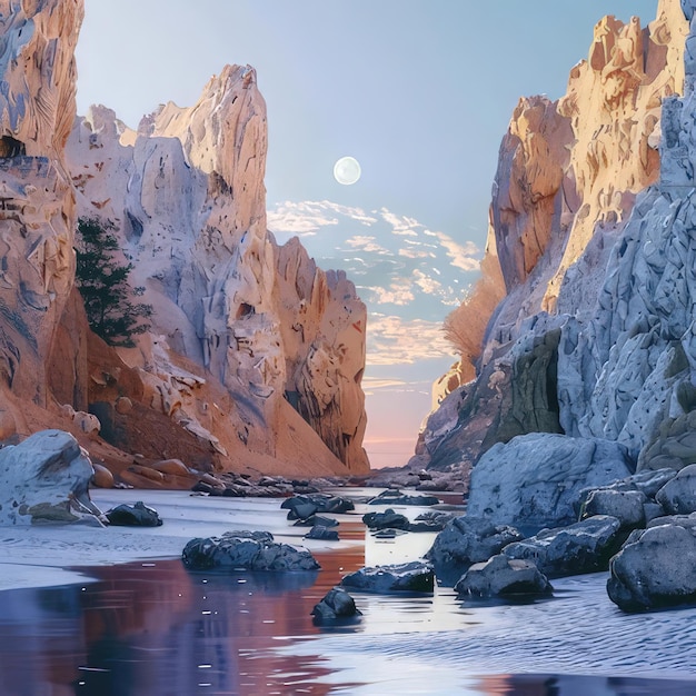 Photo a full moon is shining on a rock face at sunset