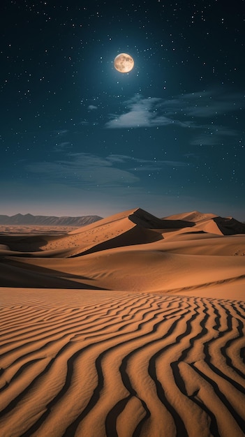 a full moon is shining over the sand dunes